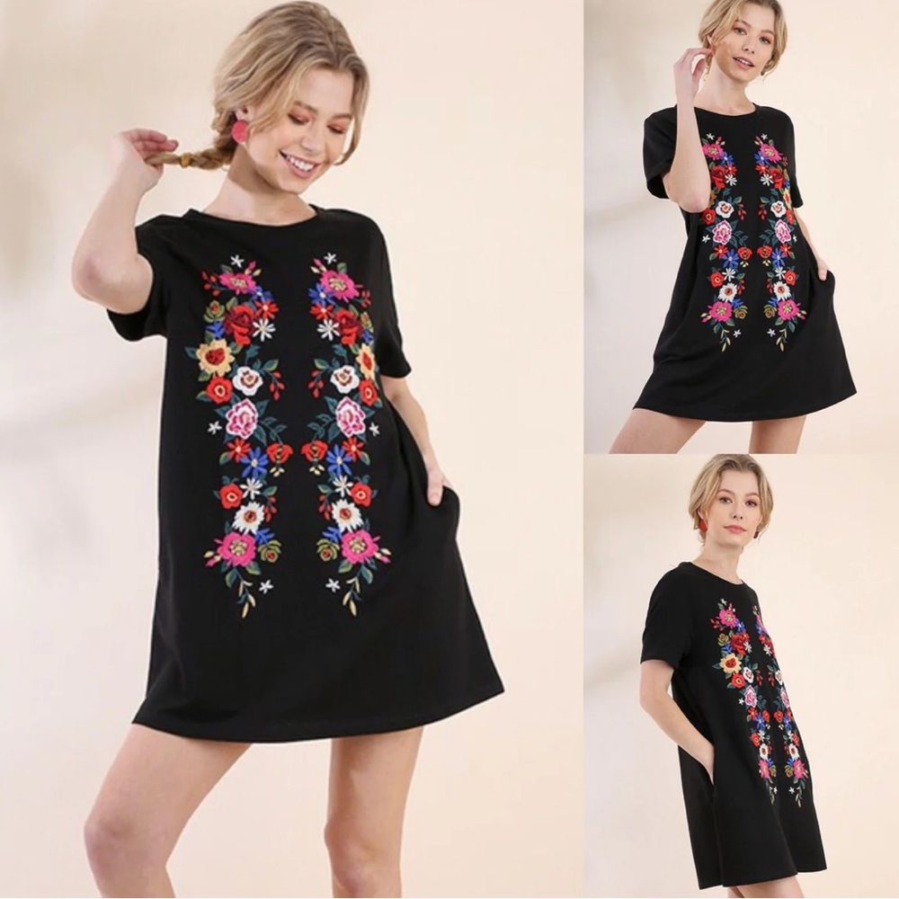 Umgee Black Mini Dress with Vibrant Floral Embroidery size M